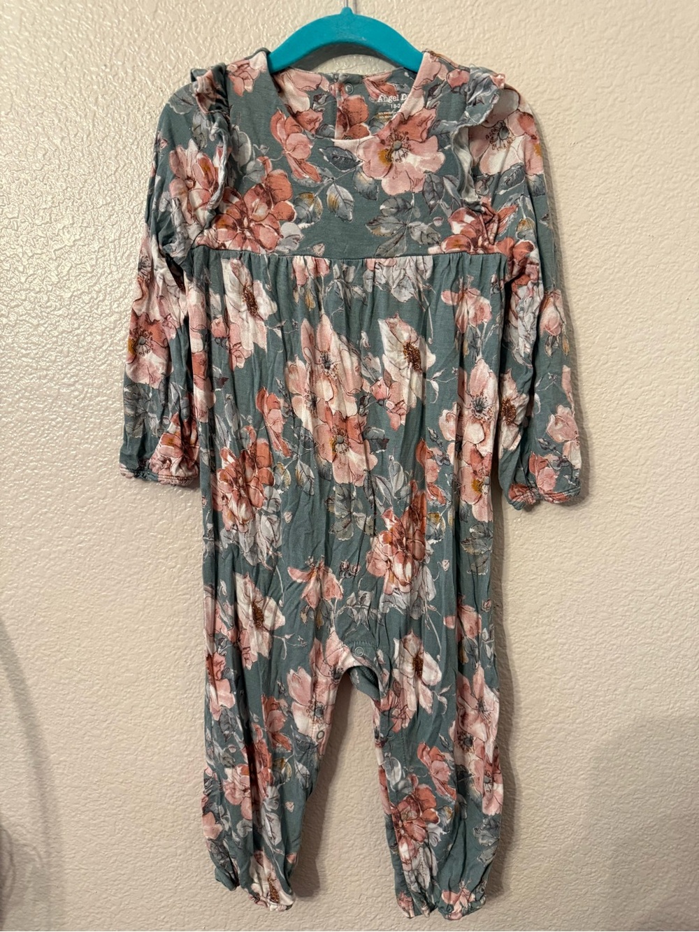 Angel Dear Floral Long-Sleeve One-Piece Romper in Sage Green and Blush